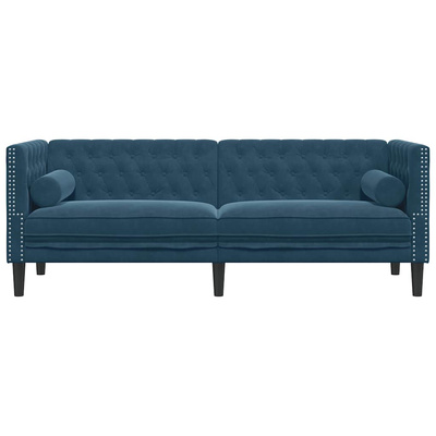 Sofa Chesterfield z wałkami, trzyosobowa, niebieska, aksamit