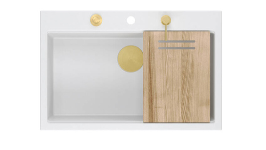Zlewozmywak granitowy MARC 1-komorowy 76x50 cm biały/snow white + Nano ZŁOTO PVD