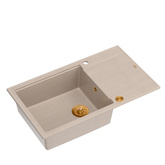 Zlewozmywak granitowy EVAN 136 XL – jednokomorowy, wpuszczany, pearl beige/elementy miedziane, Quadron