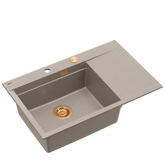 JOSH 111 GraniteQ zlewozmywak 1-komorowy z/o (780x500x215) soft taupe + syfon push 2 open + deska + wkładka/ elementy miedziane