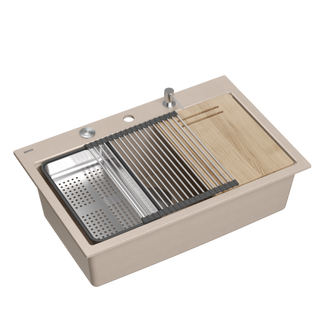 Zlewozmywak granitowy MARC 110 WORKSTATION – jednokomorowy, wpuszczany, pearl beige/elementy stalowe + AKCESORIA, Quadron