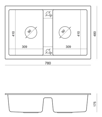DENZEL 120 Steingran zlewozmywak granitowy czarny 2-komorowy z/o (78x48x17,5) z syfonem i zaślepką