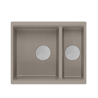 QUADRON | LOGAN 150 | granitowy zlewozmywak kuchenny SOFT TAUPE + STAL | wymiary: 56 x 46 x 22 cm | 1,5-komorowy wpuszczany | podbudowa szafki od: 60 cm