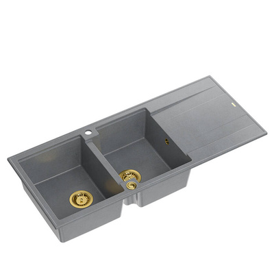 EVAN 121 GraniteQ zlewozmywak z syfonem Push To Open 2-komorowy z/o (1160x500x210; kom. 420x340) silver stone / elementy złote