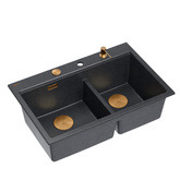 Zlewozmywak granitowy MARC 120 WORKSTATION – dwukomorowy, wpuszczany, black diamond/elementy miedziane + AKCESORIA, Quadron