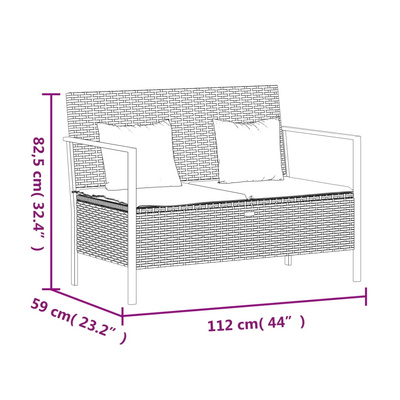 2-osobowa ławka ogrodowa z poduszkami, czarna, polirattan model standard