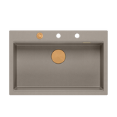 Zlewozmywak granitowy MARC 1-komorowy 76x50 cm szarobeżowy/soft taupe + Nano MIEDŹ PVD