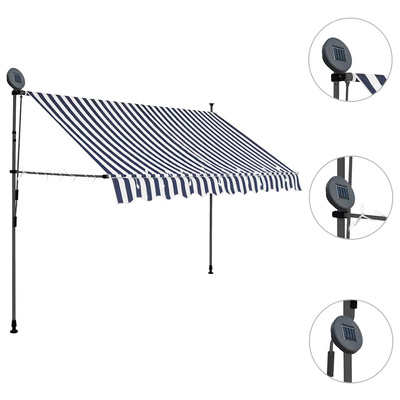 Ręcznie zwijana markiza z LED, 250 cm, niebiesko-biała