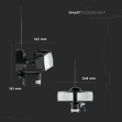 18W Naświetlacz LED SMD z czujnikiem ruchu i kamerą / Wifi / Barwa:6000K / Obudowa: Czarna