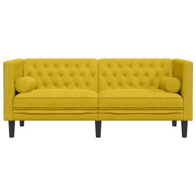 Sofa Chesterfield z wałkami, dwuosobowa, żółta, aksamit