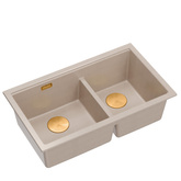 Zlewozmywak granitowy LOGAN 120 – dwukomorowy, podwieszany, pearl beige/elementy miedziane, Quadron