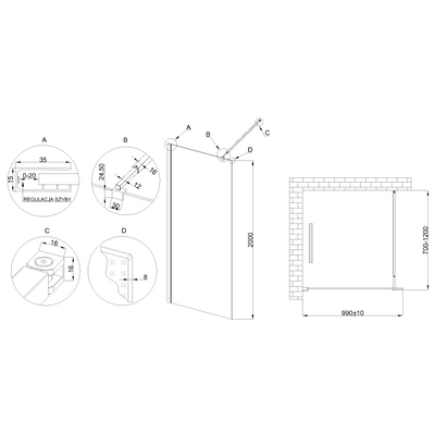 Kabina walk-in ii 100x200cm ramka 8mm shiny-glass czarny AK-32-108-S Invena