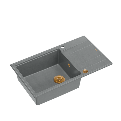 EVAN 136 XL GraniteQ zlewozmywak z syfonem Push To Open 1-komorowy z/o (860x500x210; kom. 420x490) silver stone / elementy miedziane