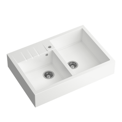 Quadron | BILL 120 | granitowy zlewozmywak kuchenny BIAŁY + STAL | wymiary: 90 x 62 x 20,5 cm | 2-komorowy nakładany na szafkę | podbudowa szafki: od 90 cm