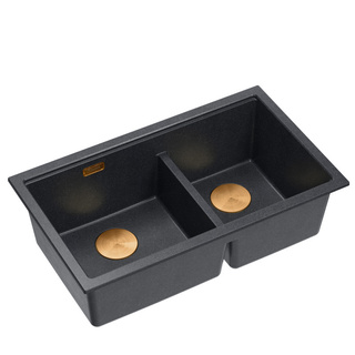 Zlewozmywak granitowy LOGAN 120 – dwukomorowy, wpuszczany, black diamond/elementy miedziane, Quadron
