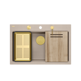 Zlewozmywak granitowy MARC 110 WORKSTATION – jednokomorowy, wpuszczany, pearl beige/elementy złote + AKCESORIA, Quadron