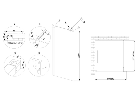 Kabina walk-in ii 90x200cm ramka 8mm shiny-glass czarny AK-32-198-S Invena