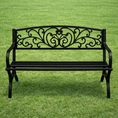 Ławka Ogrodowa Taras Ogród Parkowa Metalowa Oparcie Zdobiona Czarna 127 cm