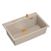 Zlewozmywak granitowy MARC 110 WORKSTATION – jednokomorowy, wpuszczany, pearl beige/elementy miedziane + AKCESORIA, Quadron