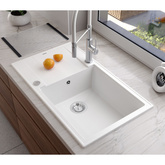 Zlewozmywak granitowy EVAN 136 XL – jednokomorowy, wpuszczany, pearl beige/elementy stalowe, Quadron
