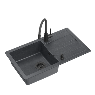 READY- MAX CZARNY zlewozmywak granitowy 1-k z/o (77x44x17,5) + bateria z elastyczną wylewką very black + dozownik very black + syfon very black