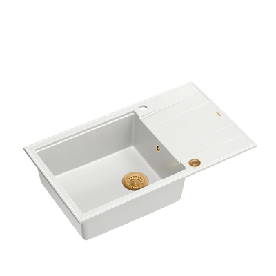EVAN 136 XL GraniteQ zlewozmywak z syfonem Push to Open 1-komorowy z/o (860x500x210; kom. 420x490) snow white / elementy miedziane