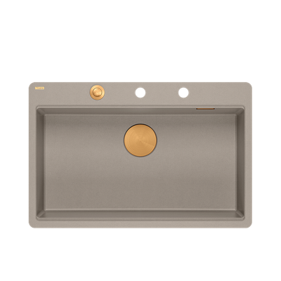 QUADRON | MARC 110 FM PRODUKT NA ZAMÓWIENIE | granitowy zlewozmywak kuchenny SZAROBEŻOWY + MIEDŹ PVD | wymiary: 75 x 49 x 24 cm | akcesoria: syfon, dozownik, deska | 1-komorowy na równi w blatem | podbudowa szafki od: 80 cm
