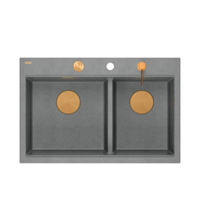 Zlewozmywak granitowy MARC 120 WORKSTATION – dwukomorowy, wpuszczany, silver stone/elementy miedziane + AKCESORIA, Quadron