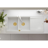 Zlewozmywak granitowy EVAN 121 – dwukomorowy, wpuszczany, pearl beige/elementy miedziane, Quadron