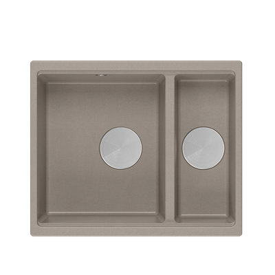 QUADRON | LOGAN 150 | granitowy zlewozmywak kuchenny SOFT TAUPE + STAL | wymiary: 56 x 46 x 22 cm | 1,5-komorowy wpuszczany | podbudowa szafki od: 60 cm