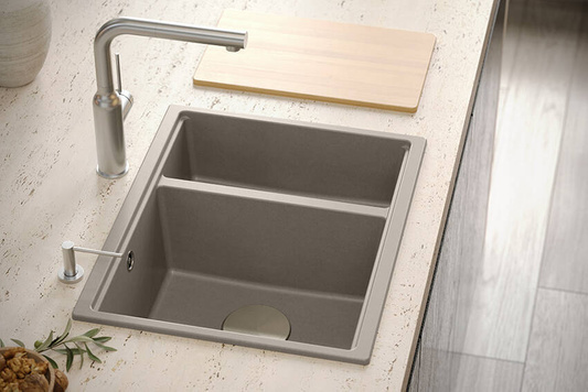 QUADRON | LOGAN 150 | granitowy zlewozmywak kuchenny CZARNY mat + MIEDŹ PVD | wymiary: 56 x 46 x 22 cm | 1,5-komorowy wpuszczany | podbudowa szafki od: 60 cm
