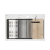 Zlewozmywak granitowy MARC 120 WORKSTATION – dwukomorowy, wpuszczany, snow white/elementy stalowe + AKCESORIA, Quadron