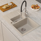 Zlewozmywak granitowy PETER 156 – półtorakomorowy, wpuszczany, pearl beige/elementy stalowe, Quadron