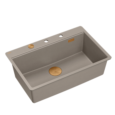 QUADRON | MARC 110 FM PRODUKT NA ZAMÓWIENIE | granitowy zlewozmywak kuchenny SZAROBEŻOWY + MIEDŹ PVD | wymiary: 75 x 49 x 24 cm | akcesoria: syfon, dozownik, deska | 1-komorowy na równi w blatem | podbudowa szafki od: 80 cm