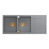 EVAN 121 GraniteQ zlewozmywak z syfonem Push To Open 2-komorowy z/o (1160x500x210; kom. 420x340) silver stone / elementy miedziane
