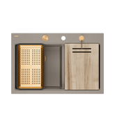 Zlewozmywak granitowy MARC 120 WORKSTATION – dwukomorowy, wpuszczany, soft taupe/elementy miedziane + AKCESORIA, Quadron