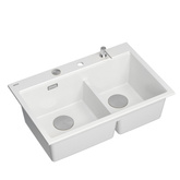 Zlewozmywak granitowy MARC 120 WORKSTATION – dwukomorowy, wpuszczany, snow white/elementy stalowe + AKCESORIA, Quadron