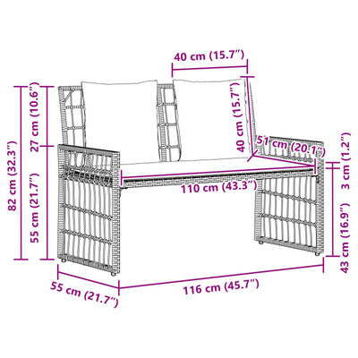 Ławka ogrodowa 2 -Seater 116 x 55 x 82 cm Stal i poli rattan