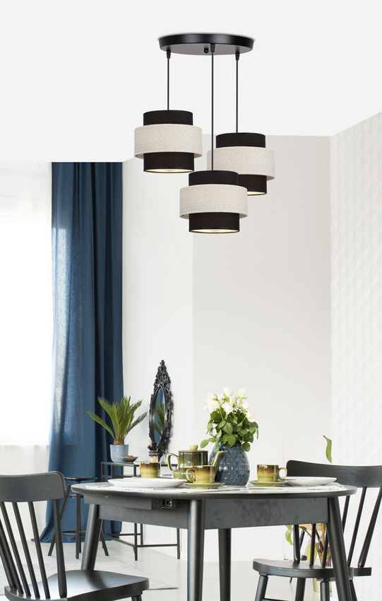 Lampa wisząca z abażurami Benta czarna potrójna tkaninowy abażur do salonu