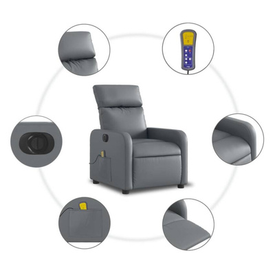 vidaXL Rozkładany fotel masujący, elektryczny, szary, sztuczna skóra