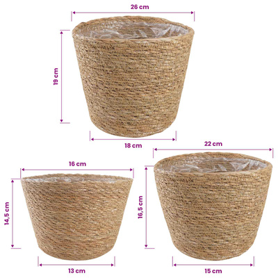 Kosze na rośliny z trawy morskiej 3 pcs naturalny ?26 x 19 cm