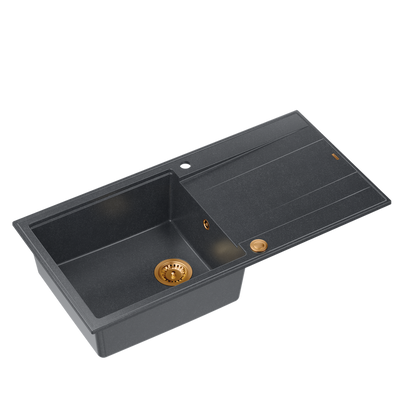 EVAN 146 XL GraniteQ zlewozmywak z syfonem Push 2 Open 1-komorowy z/o (1000x500x210; kom. 420x480) black diamond / elementy miedziane