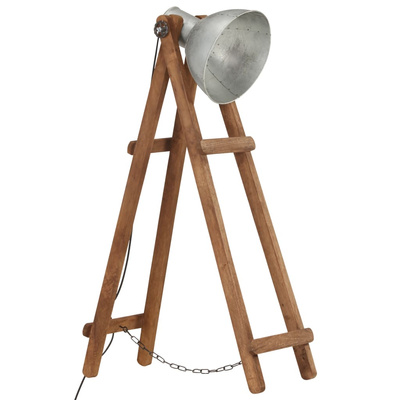 Lampa podłogowa, srebrna, E27, lite drewno mango