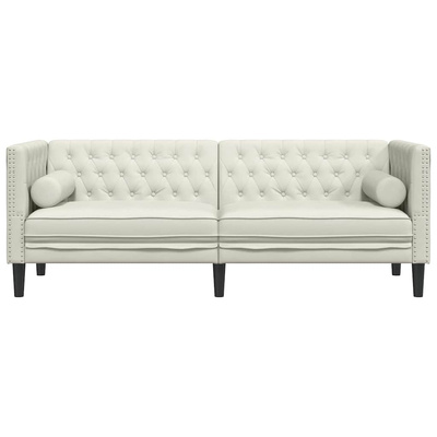 Sofa Chesterfield z wałkami, trzyosobowa, kremowa, aksamit