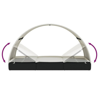 vidaXL Leżak z półokrągłym daszkiem, czarny, 211x57x140 cm, rattan PE