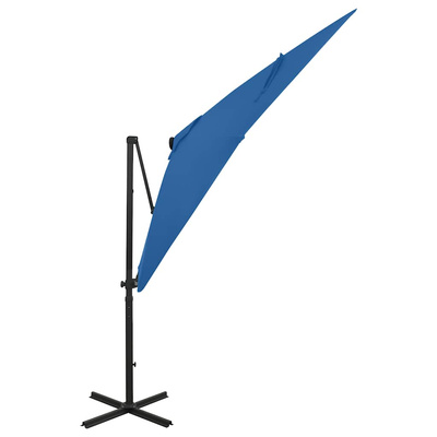vidaXL Parasol wiszący z lampkami LED i słupkiem, lazurowy, 250 cm