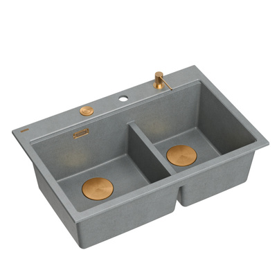Zlewozmywak granitowy MARC 120 WORKSTATION – dwukomorowy, wpuszczany, silver stone/elementy miedziane + AKCESORIA, Quadron