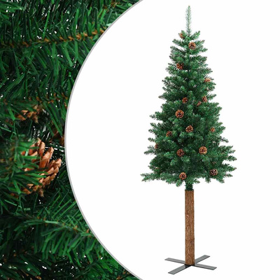 Smukła choinka z drewnem i szyszkami, zielona, 180 cm, PVC