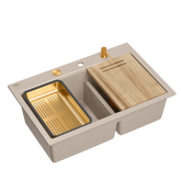 Zlewozmywak granitowy MARC 120 WORKSTATION – dwukomorowy, wpuszczany, pearl beige/elementy miedziane + AKCESORIA, Quadron