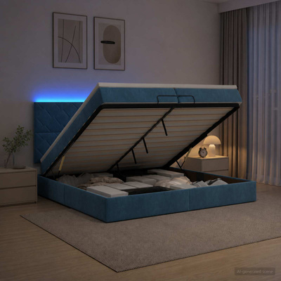 Łóżko z pojemnikiem i materacem LED granatowy 200 x 200 cm